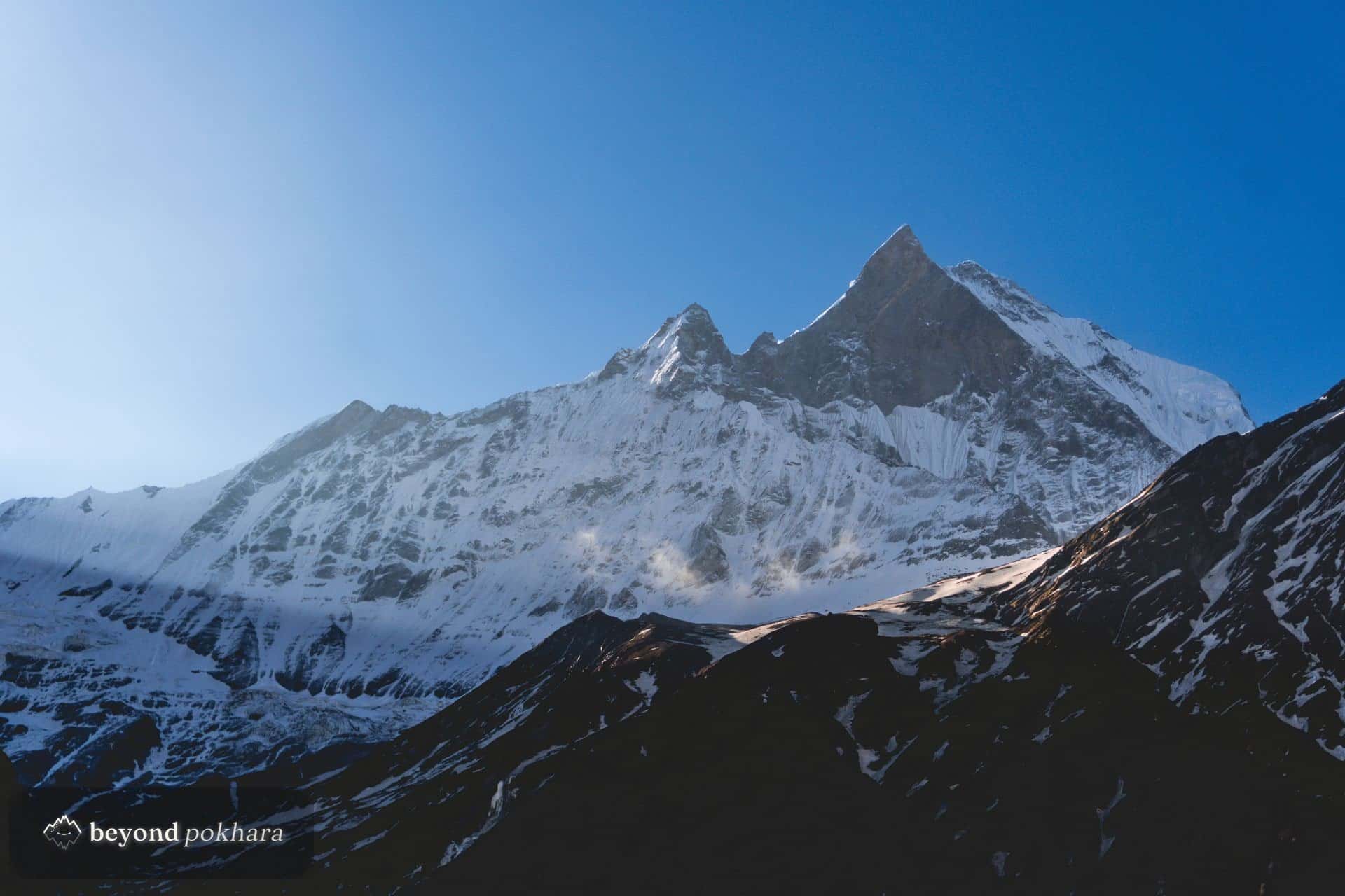 Golden hour on the Mardi Himal ridge beneath Machapuchare